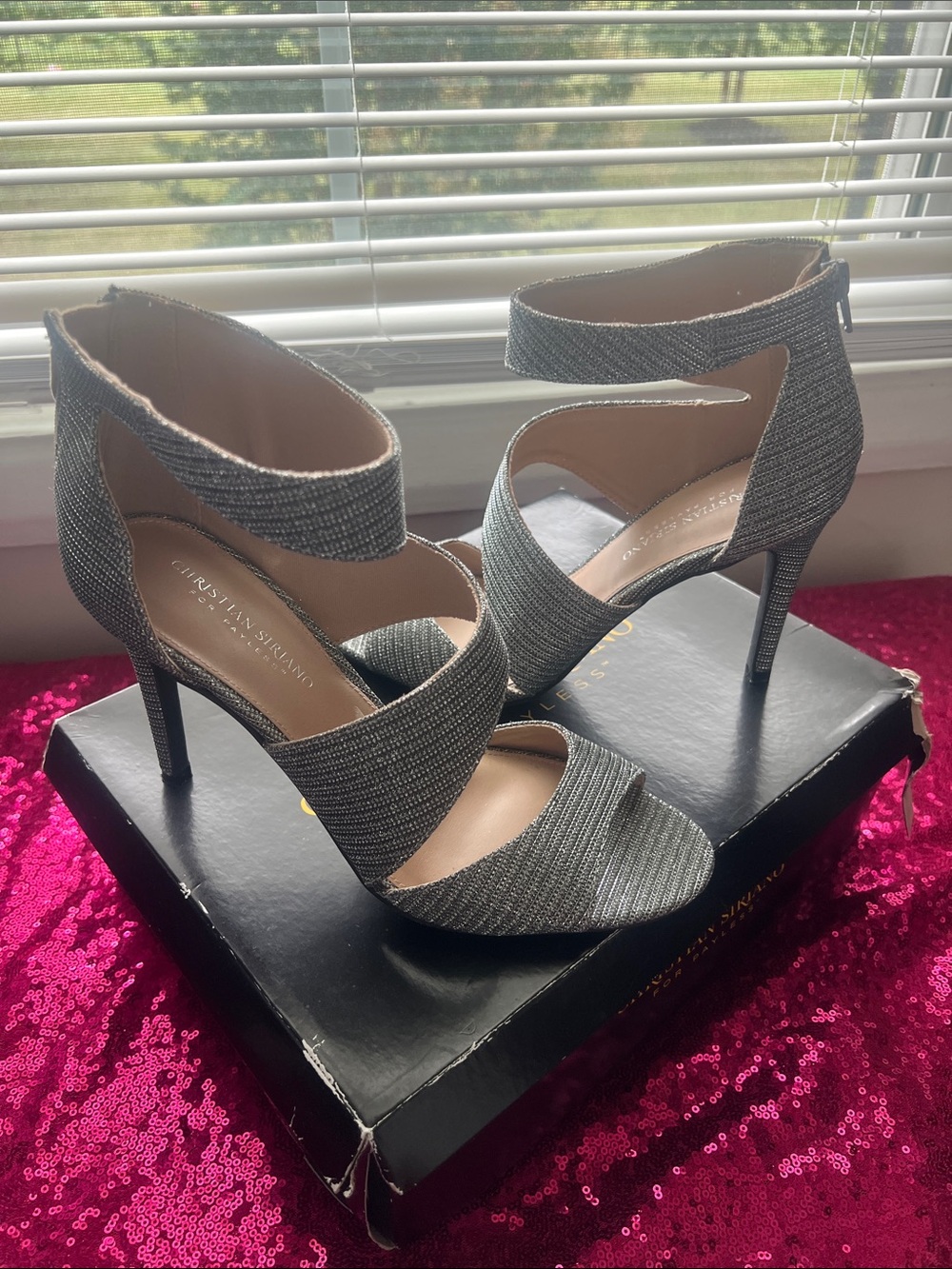 Christian Siriano Gunmetal Glitter Strappy Stiletto Heels